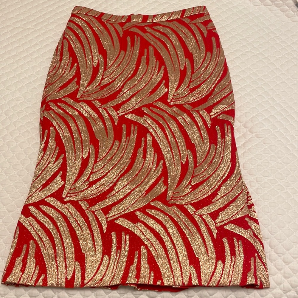 J. Crew Red & Gold MIDI Skirt Brand New w/Tags Sz 2